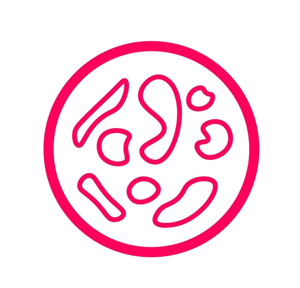 Petri dish with cell culture. A stylized graphic of a petri dish with a circular cluster of cells in pink and white, representing biology and laboratory science. vector