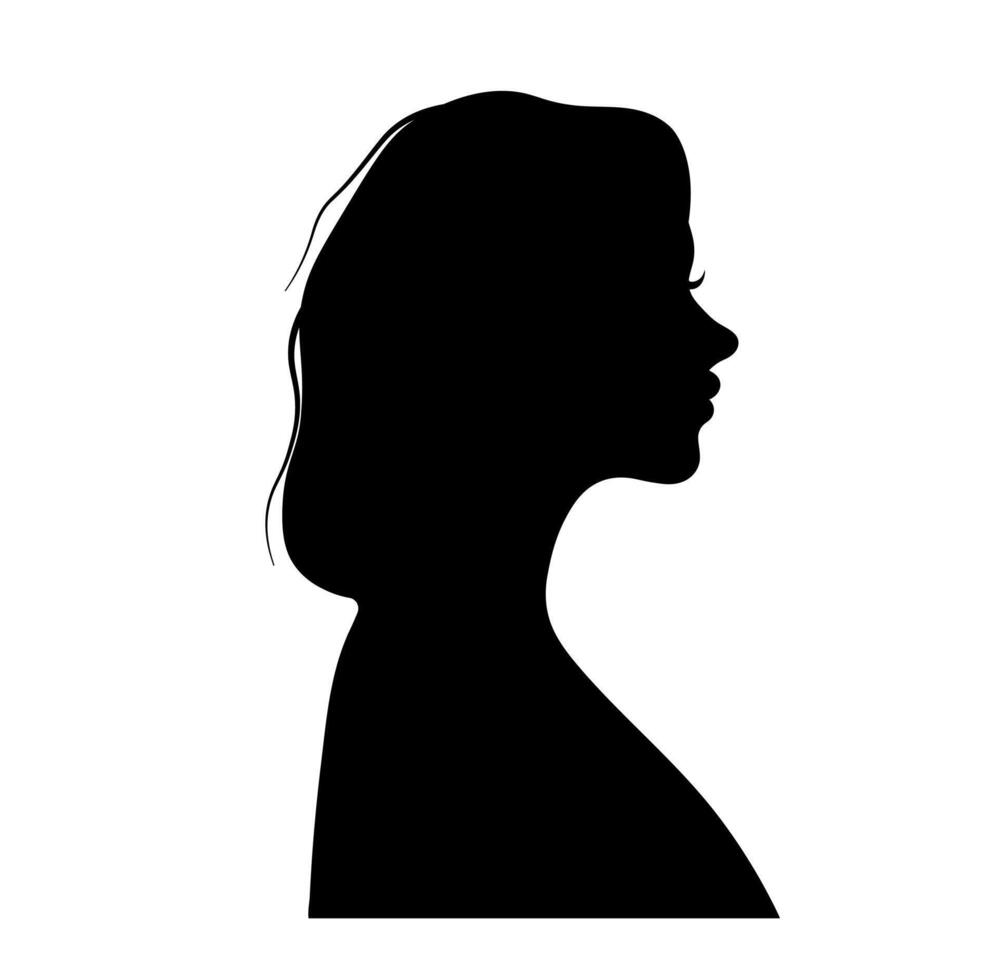 Female head straight hair profile icon. A black silhouette symbolizing a woman's face and sleek hair. vector