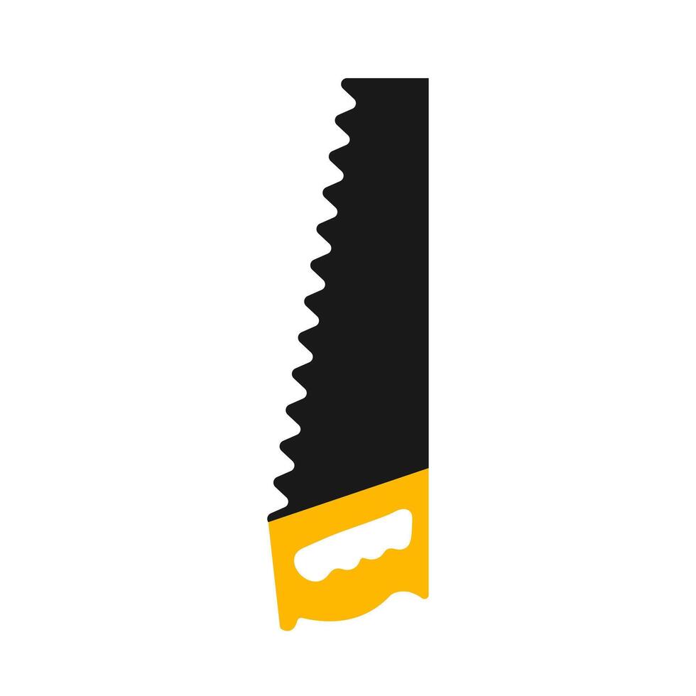 Hand saw tool icon. A yellow and black graphic symbolizing woodworking, cutting, carpentry, construction, and manual labor. vector