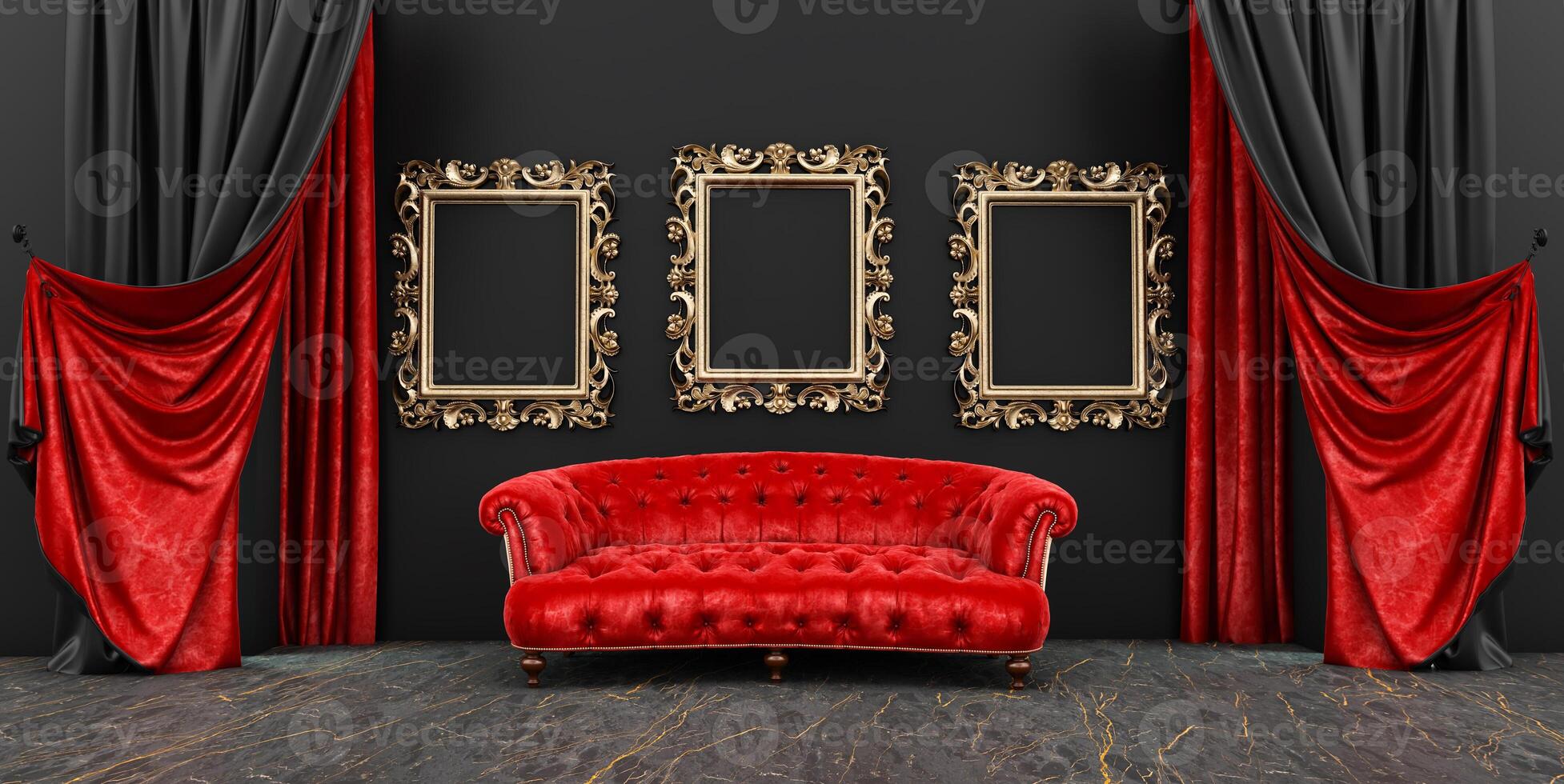 vintage luxury armchair and frame in room, An empty frame above the sofa in a black wall interior with black and red curtains. photo