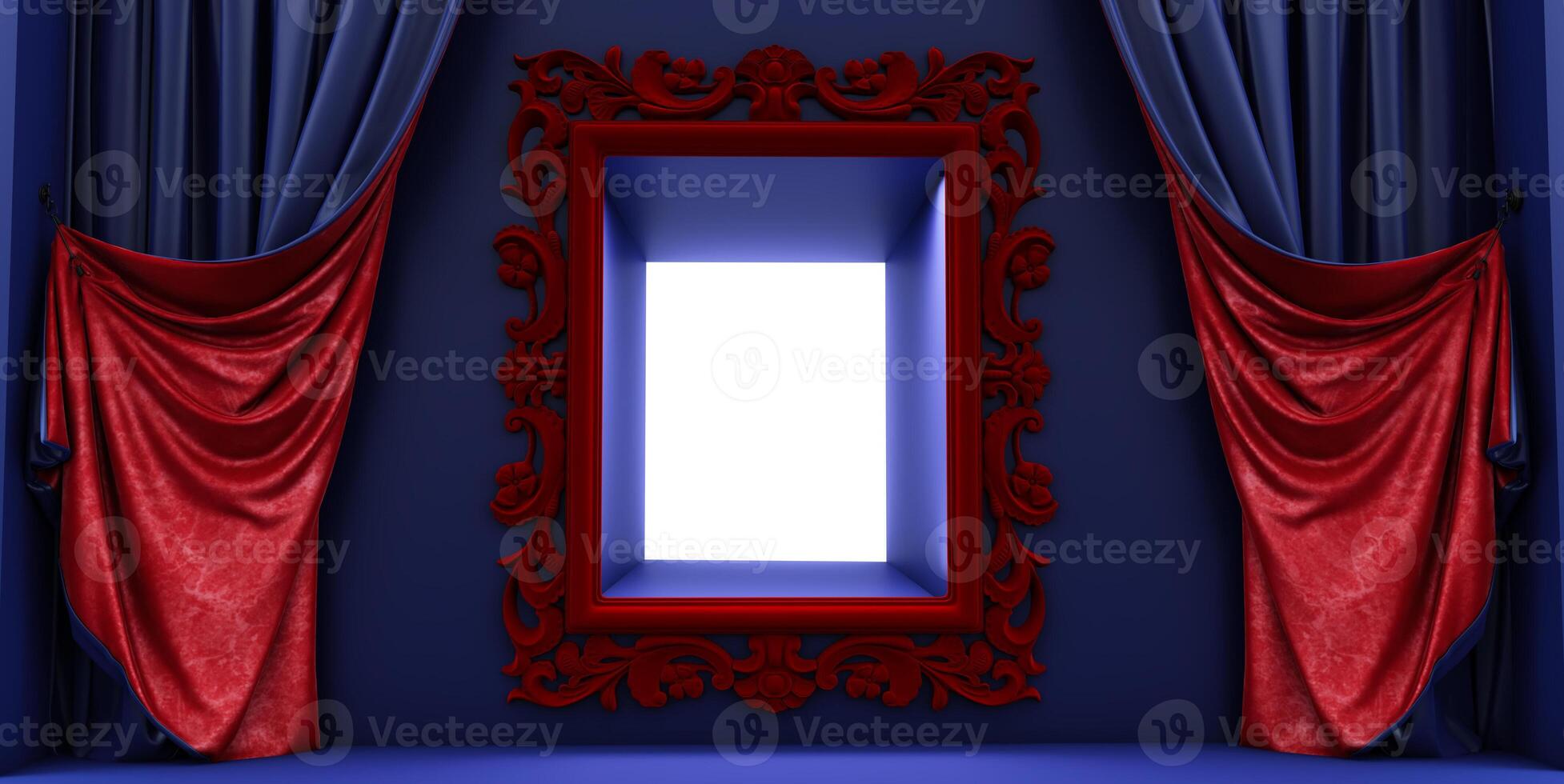 3D render of red emty frame between blue and red curtain, open window photo