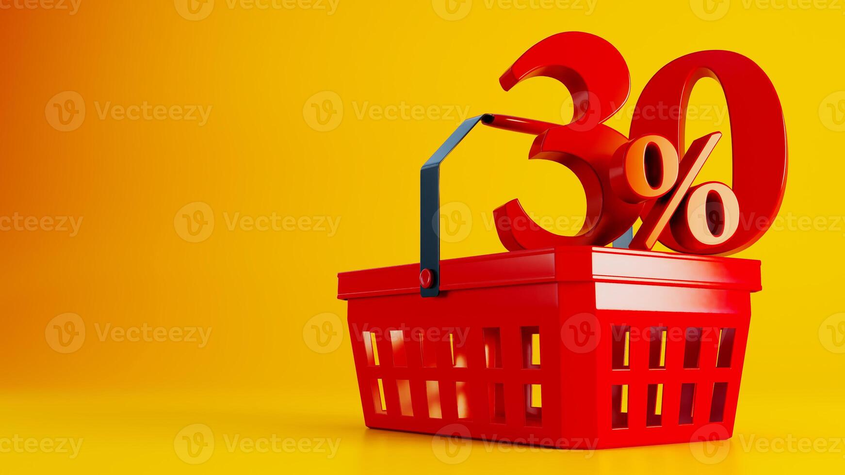 3D render of red supermarket basket with red thirty percent offer on colored background photo