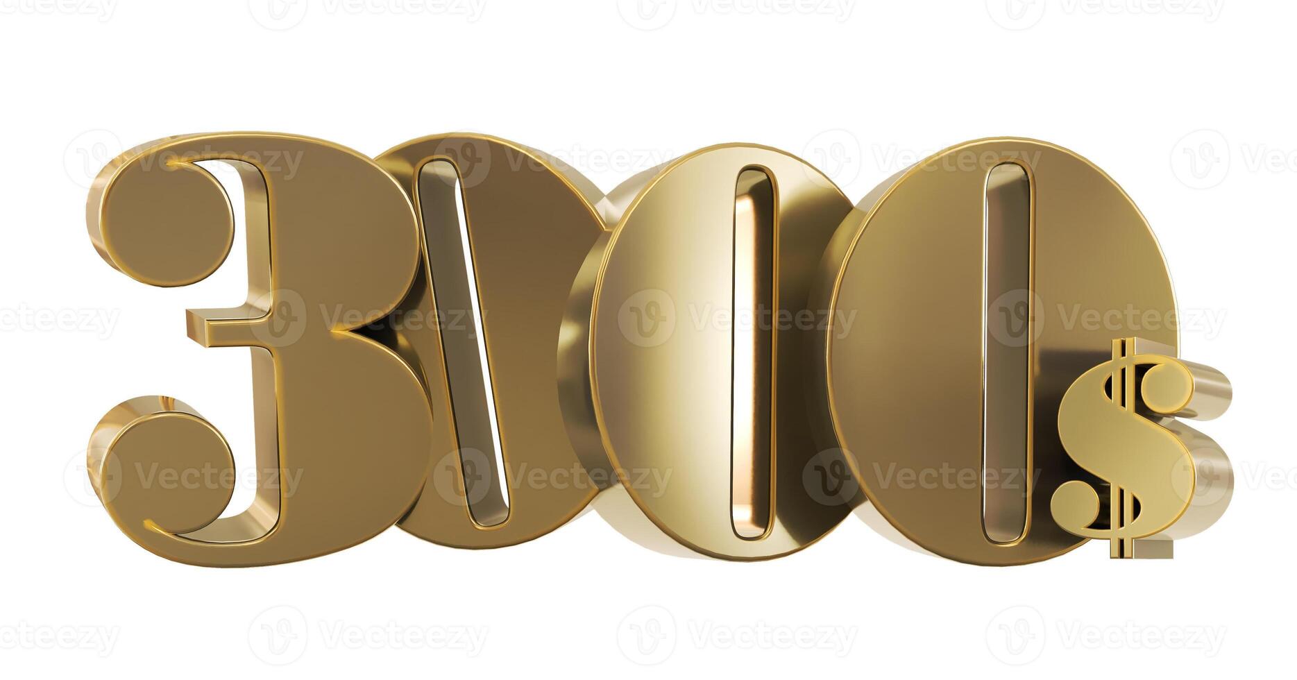 3D render of gold 3000 dollars isolated on white background, golden three thousand dollars photo