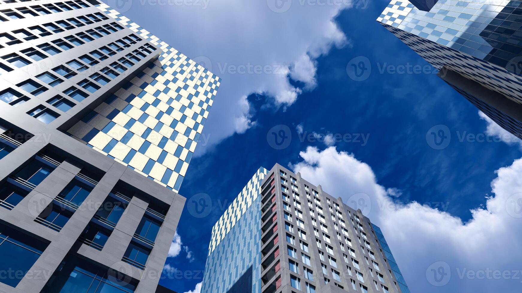 Bottom view of modern skyscrapers in business district, Business vision concept. 3D render photo