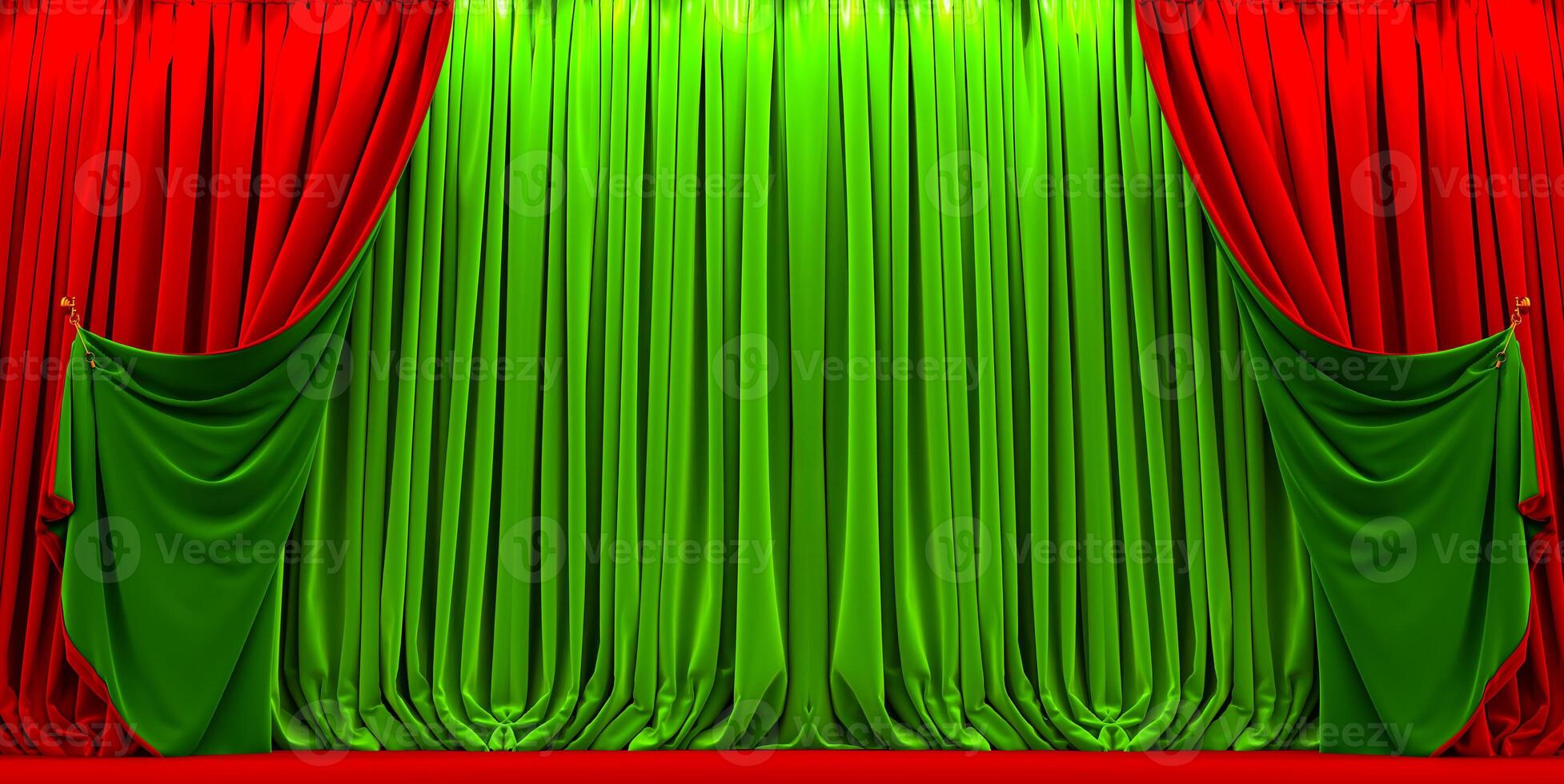 3D render of open red and green curtains background template. theater curtain photo