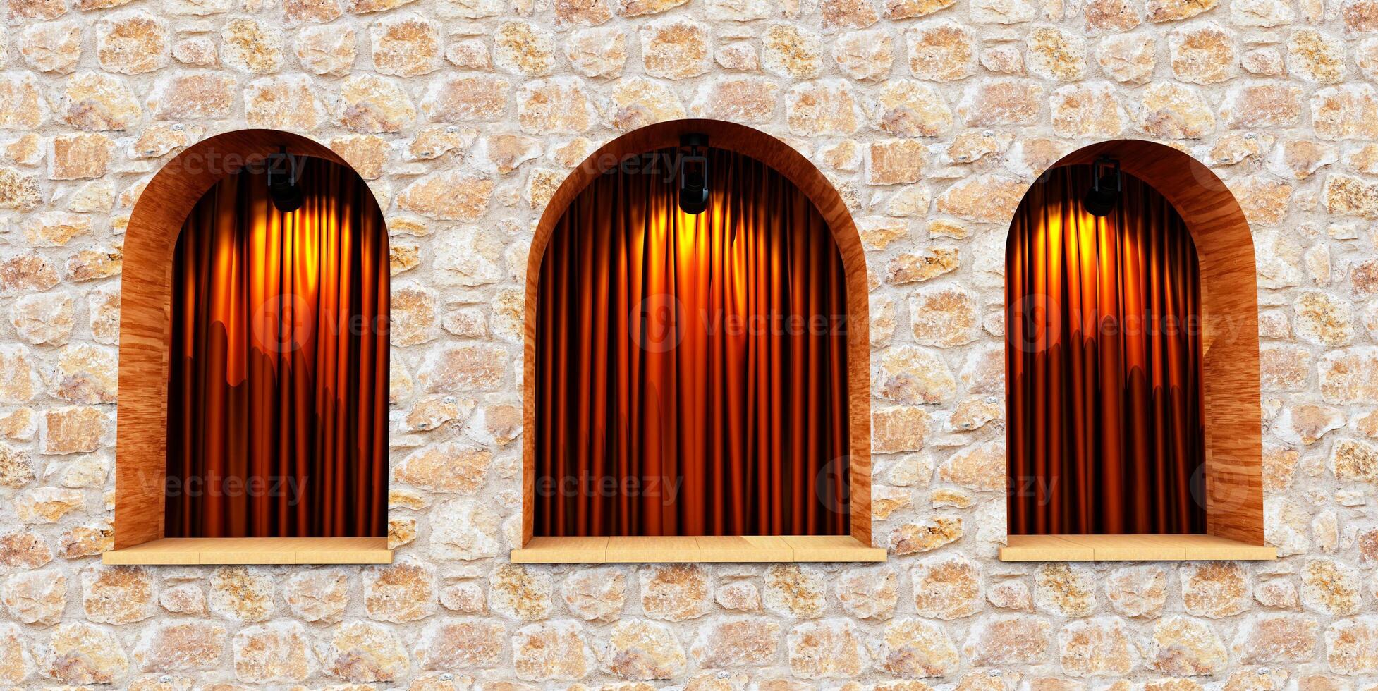 arch window and curtain inside., Minimal scene for product display presentation. Stage for showcase. photo