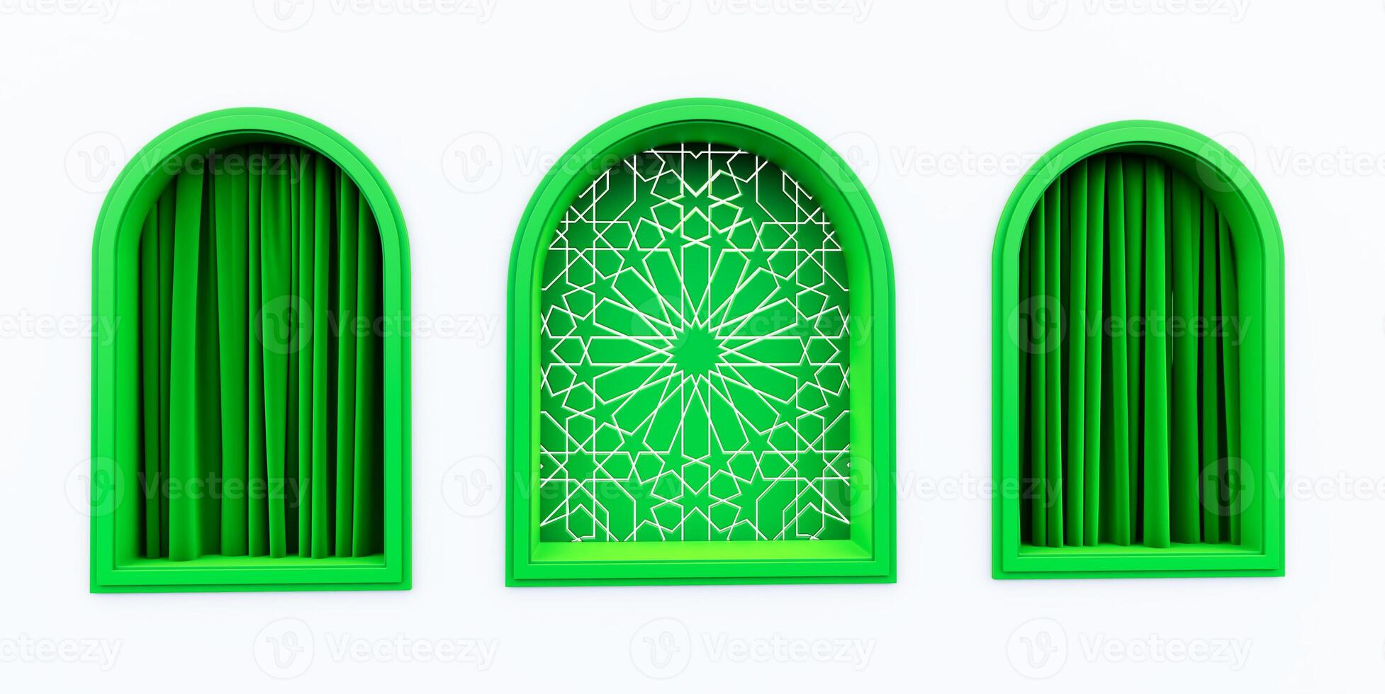 Golden arabic ornament on the wal wall with islamic green islamic windows. islamic vip concept, ramadan, eid mubarak, red curtains photo