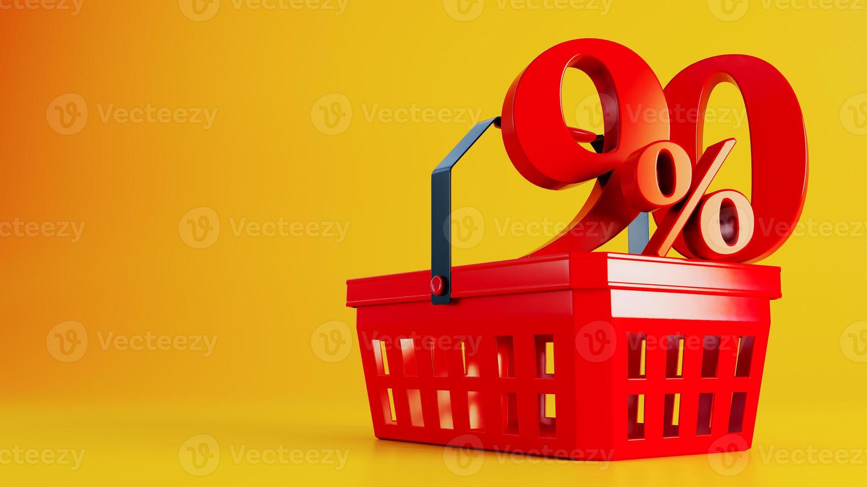 3D render of red supermarket basket with red ninety percent offer on colored background photo