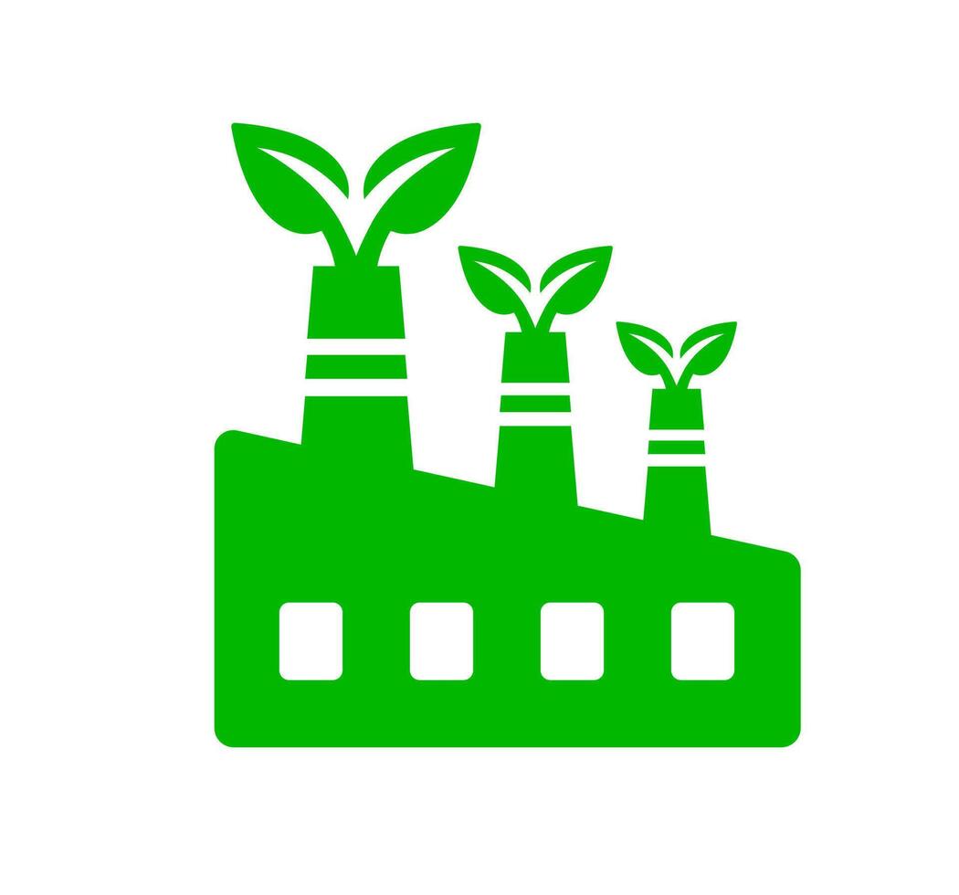 Green factory icon. A green graphic with leaves, symbolizing sustainable industry, eco friendly manufacturing, and clean energy. vector