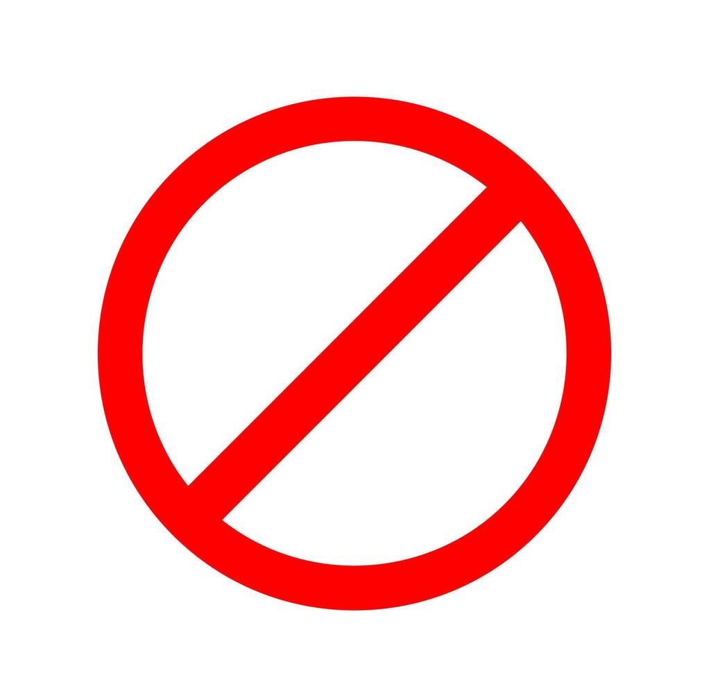 Red prohibition symbol. A bold, solid red circle with a diagonal line through it, representing a universal sign for no, stop, or forbidden vector
