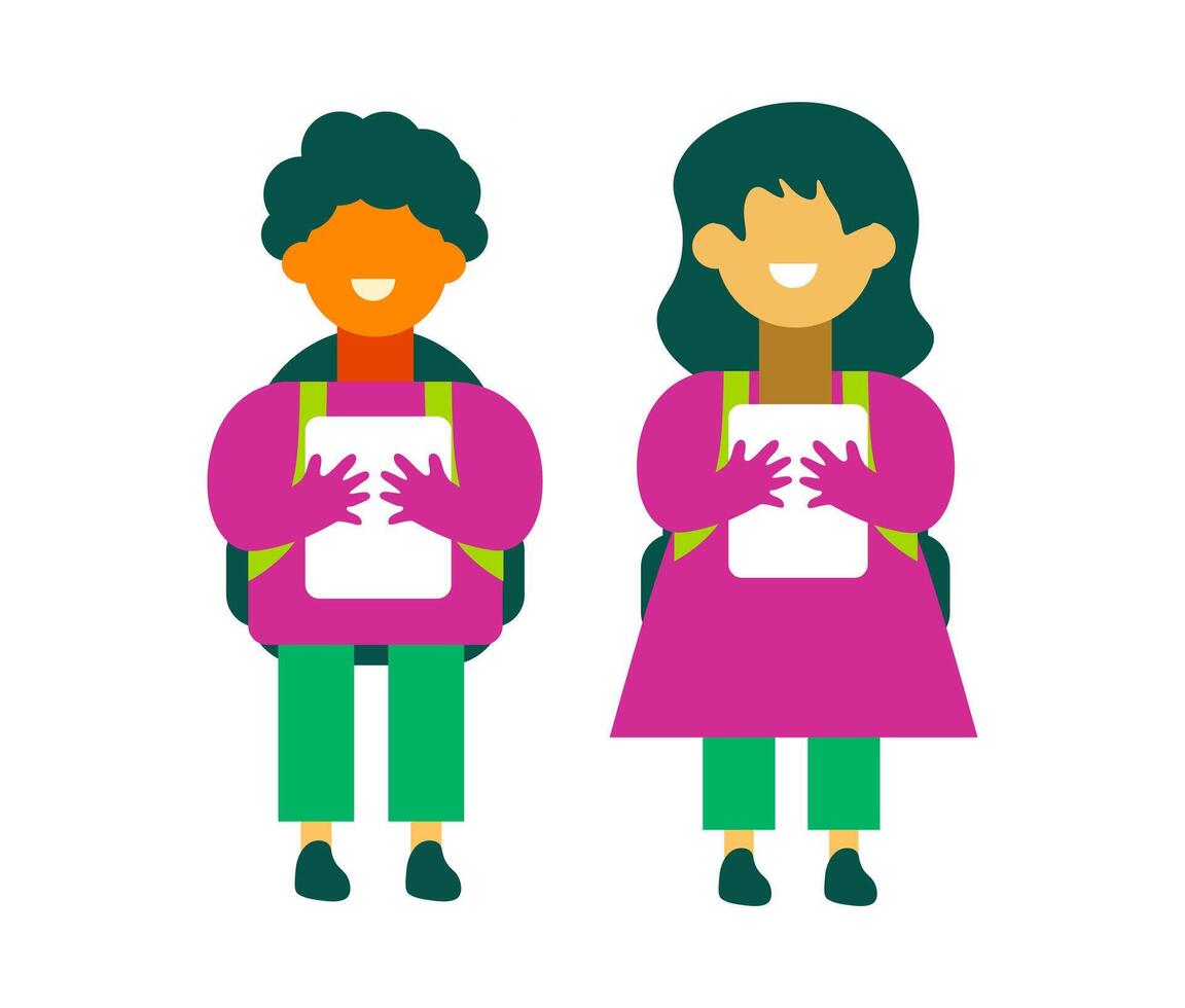 kids student girl and boy icon cartoon illustration. Happy elementary students with backpacks and books. A colorful graphic featuring two stylized elementary-aged children, a boy and a girl. vector
