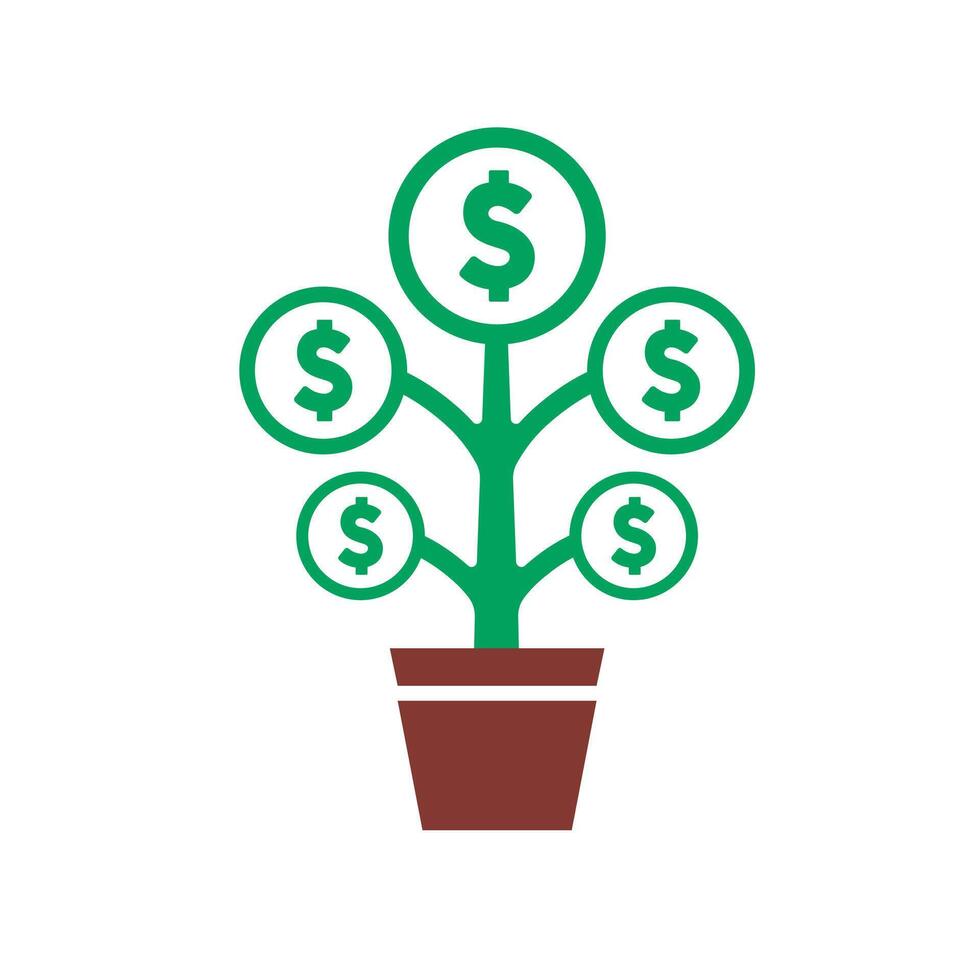 Money tree prosperity icon. A green-leaved plant in a brown pot, symbolizing wealth, investment, and financial growth. vector