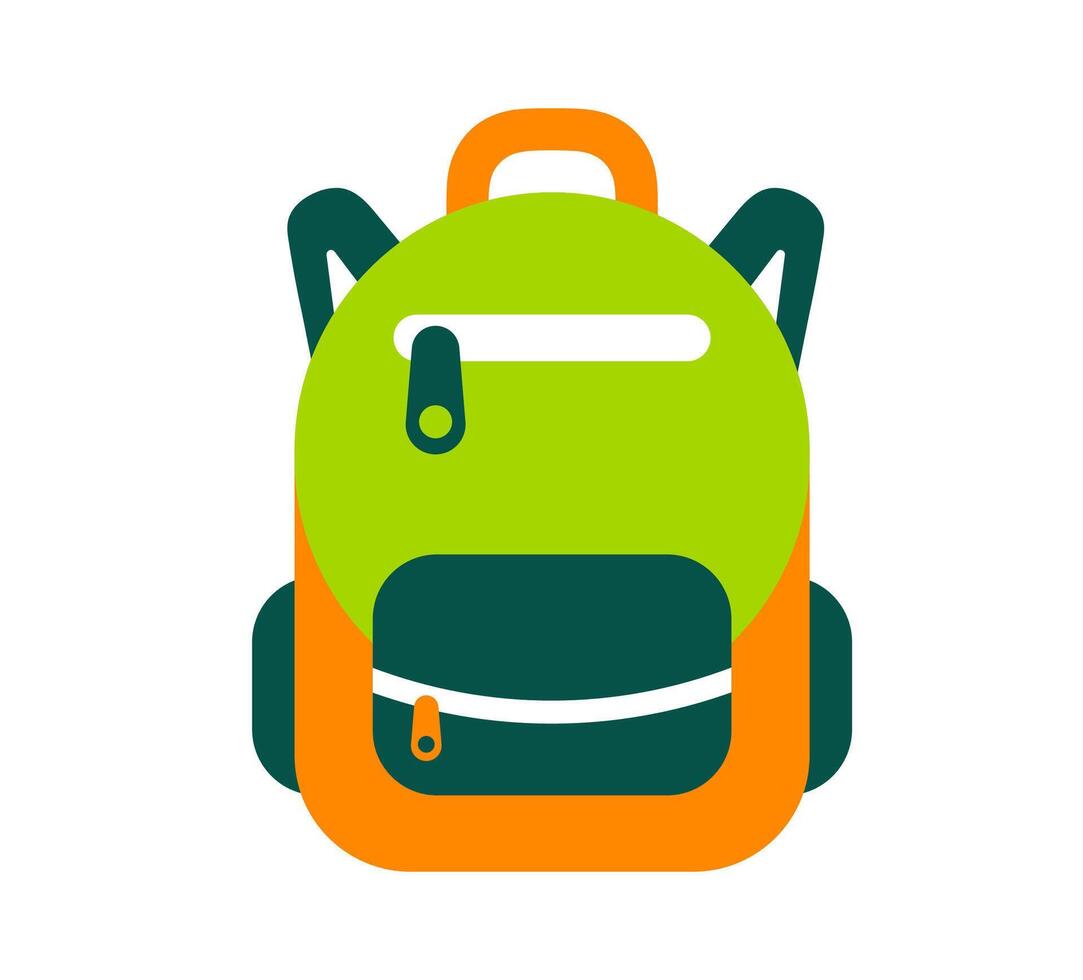 Colorful minimalist backpack. A stylized graphic of a green backpack with an orange pocket and zipper, symbolizing school, travel, or adventure. vector