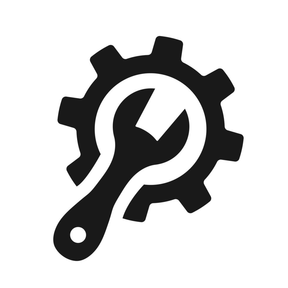 Wrench and gear icon. A solid black graphic symbolizing engineering, mechanics, maintenance, industrial solutions, and repair services. vector