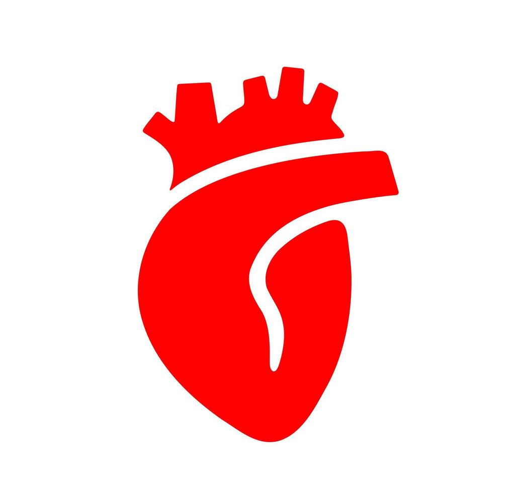 Anatomical heart vibrant red. A stylized, solid red graphic of a human heart, representing cardiology, emotion, and vital health. vector