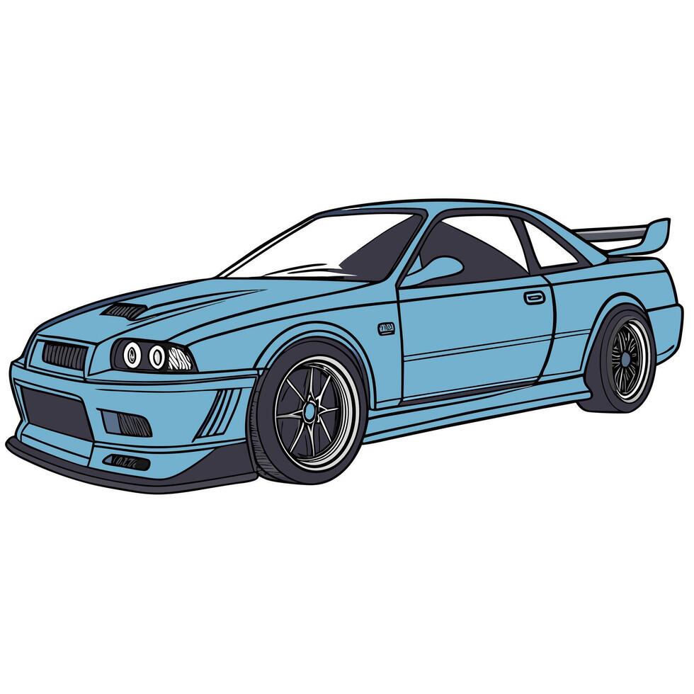 Illustration of a light blue modified sports car with spoiler and rims design vector