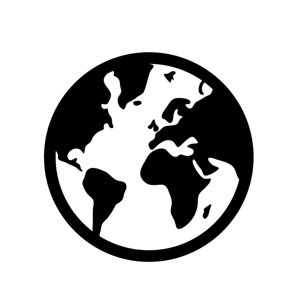World map global continents icon. A black silhouette symbolizing geography, international travel, and interconnectedness. vector