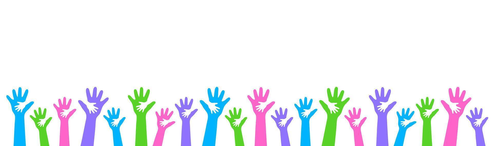 Colorful raised hands banner design. A vibrant flat graphic featuring a repeating sequence of simple hand shapes, ideal for festive borders. vector