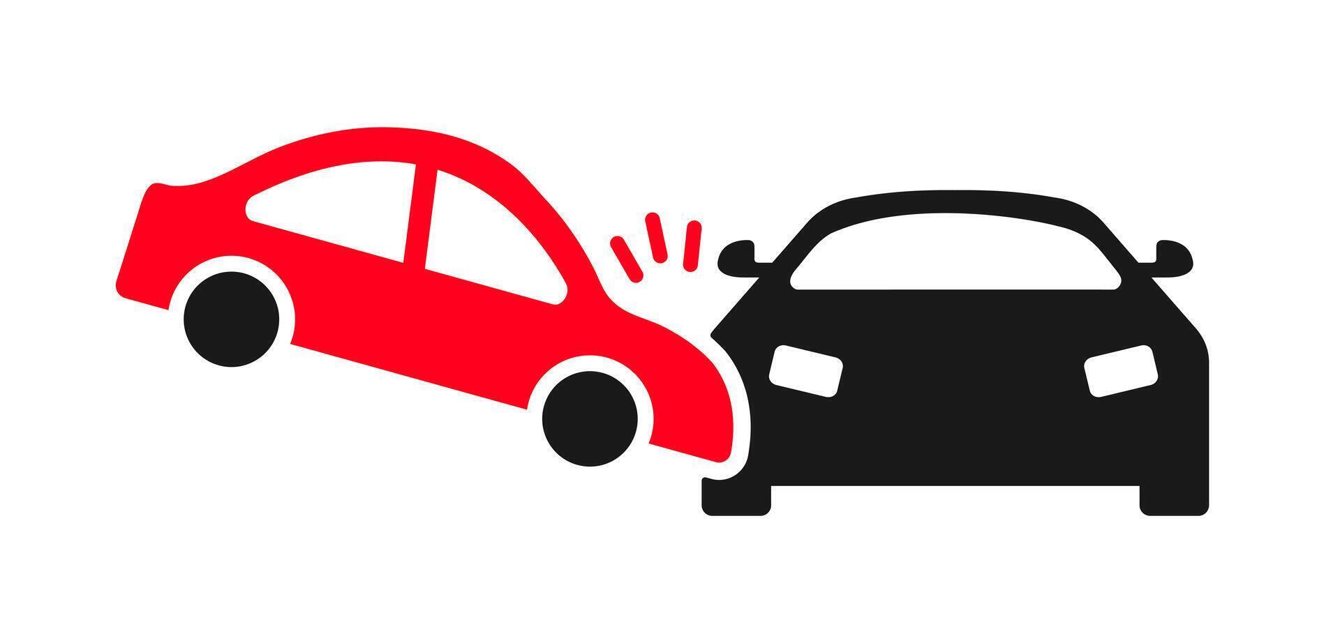 Car crash accident icon. A solid black graphic depicting a collision between two cars, symbolizing danger, road safety, and risk. vector