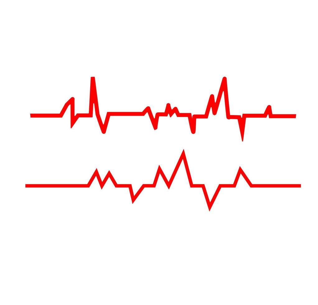 ECG heartbeat line graphic. A red line graphic simulating an electrocardiogram ECG heartbeat, representing cardiology, pulse, and vital signs. vector