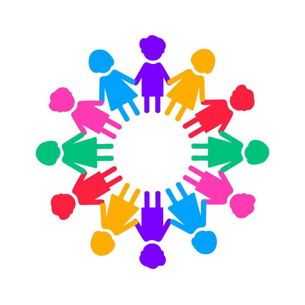 Community unity circle design. A vibrant, circular graphic with abstract multi-colored figures, symbolizing teamwork, diversity, and social connection. vector