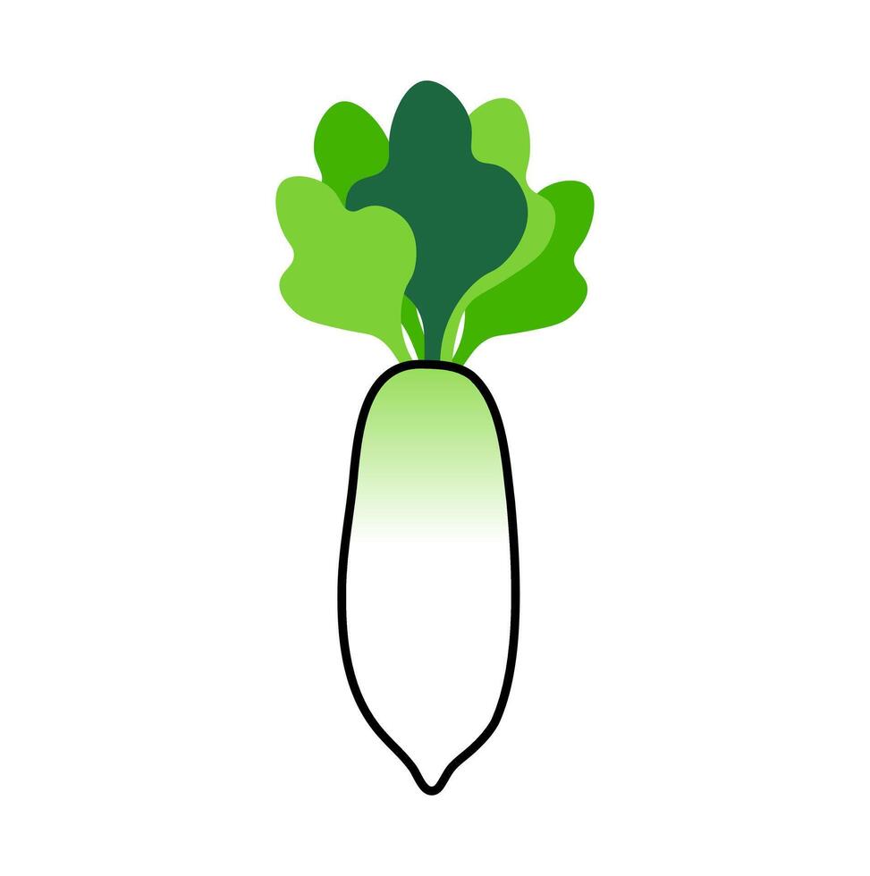Fresh daikon radish icon. A solid white graphic with green leaves, symbolizing healthy root vegetables and fresh produce. vector