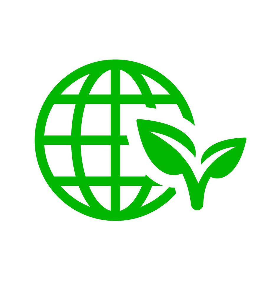 Eco globe environment icon. A green graphic with a leaf, symbolizing global sustainability and environmental care. vector