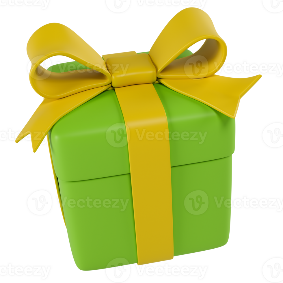 Stylized green gift box with yellow ribbon, transparent background png
