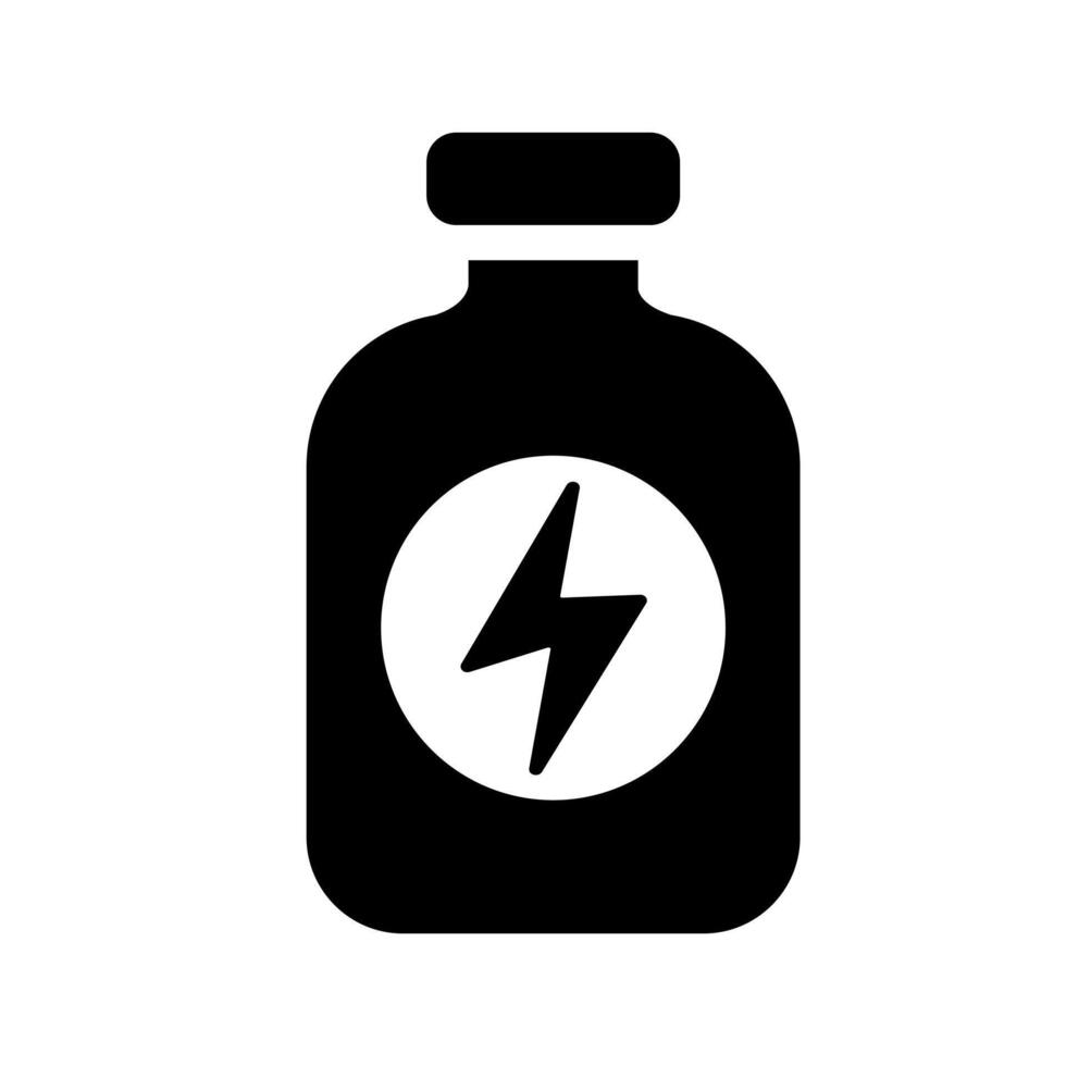 fitness gym supplements. Energy drink bottle icon. A solid black graphic with a lightning bolt, symbolizing power, fitness supplements, nutrition, and sport performance. vector