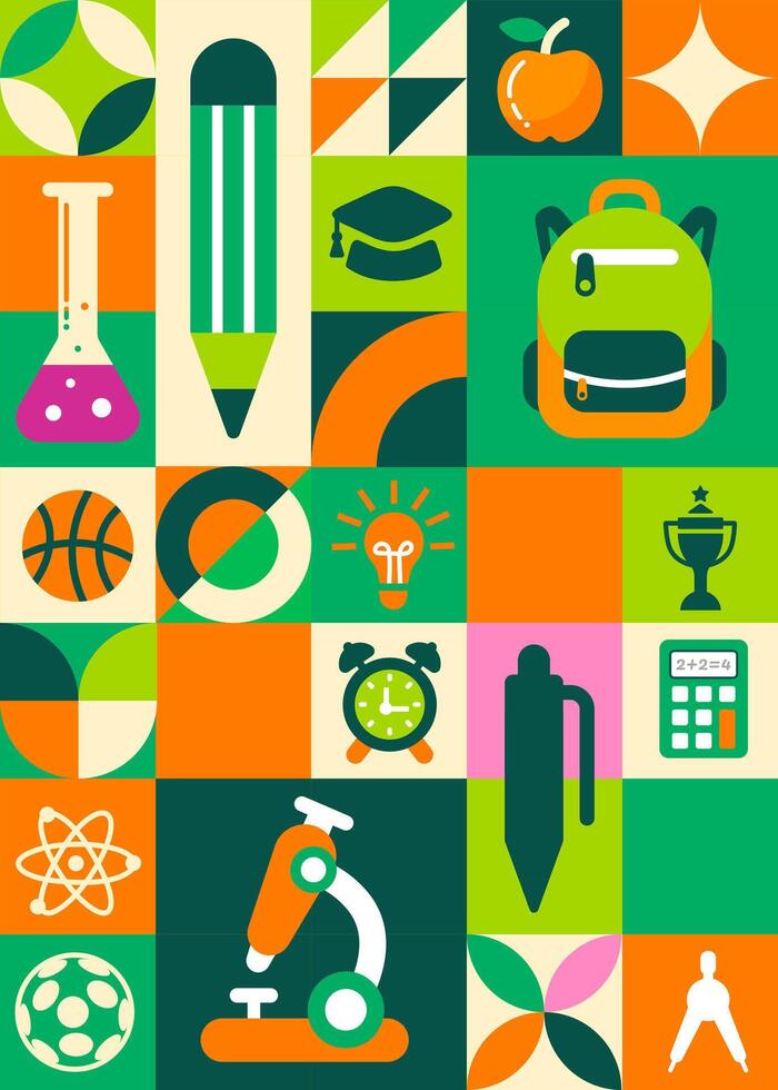 Colorful mosaic education and school-themed icons. A vibrant flat design collage featuring various minimalist icons related to academics and learning, including a microscope, pencil, graduation cap. vector