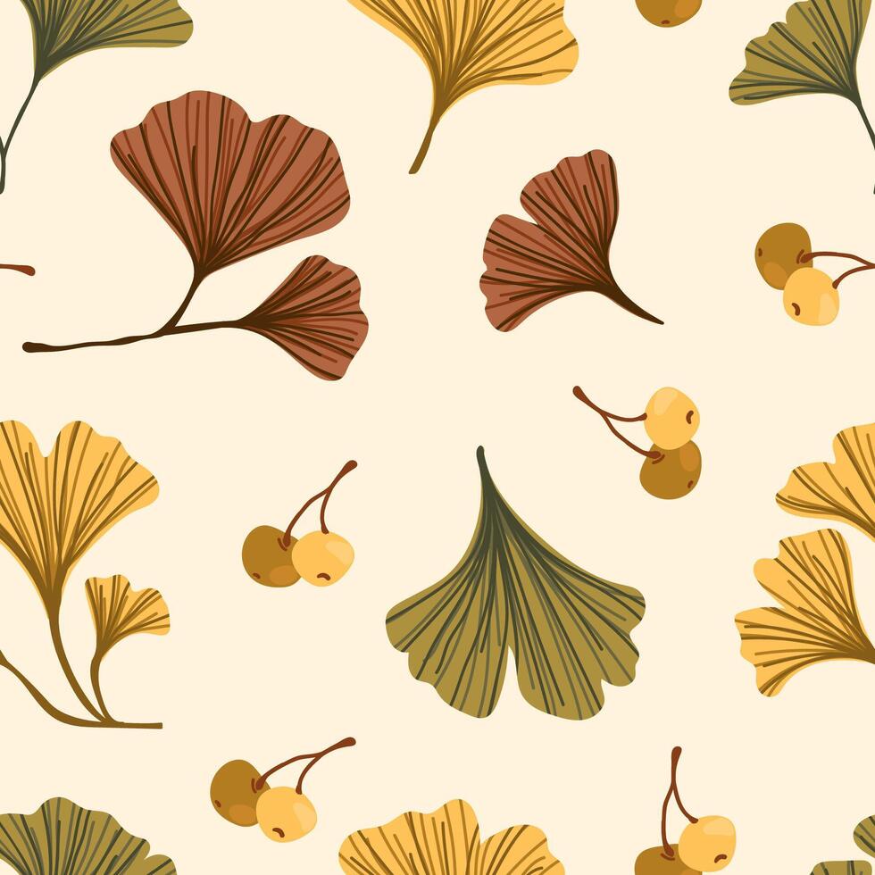 Ginkgo biloba leaves branch, pod seamless pattern. Cosmetics ayurvedic herb ginkgo plant texture vector