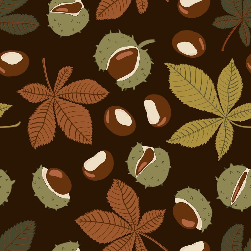 horse chestnut seeds and leaves autumn seamless pattern. Fall ornament for fabric, wrapping vector