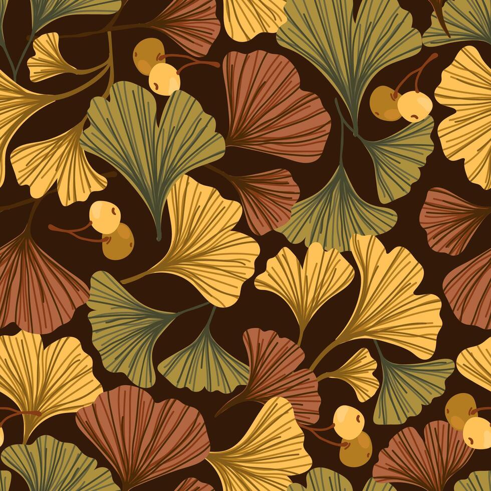 Ginkgo biloba, leaves, branch, pod seamless pattern. Cosmetics ayurvedic herb ginkgo plant texture vector