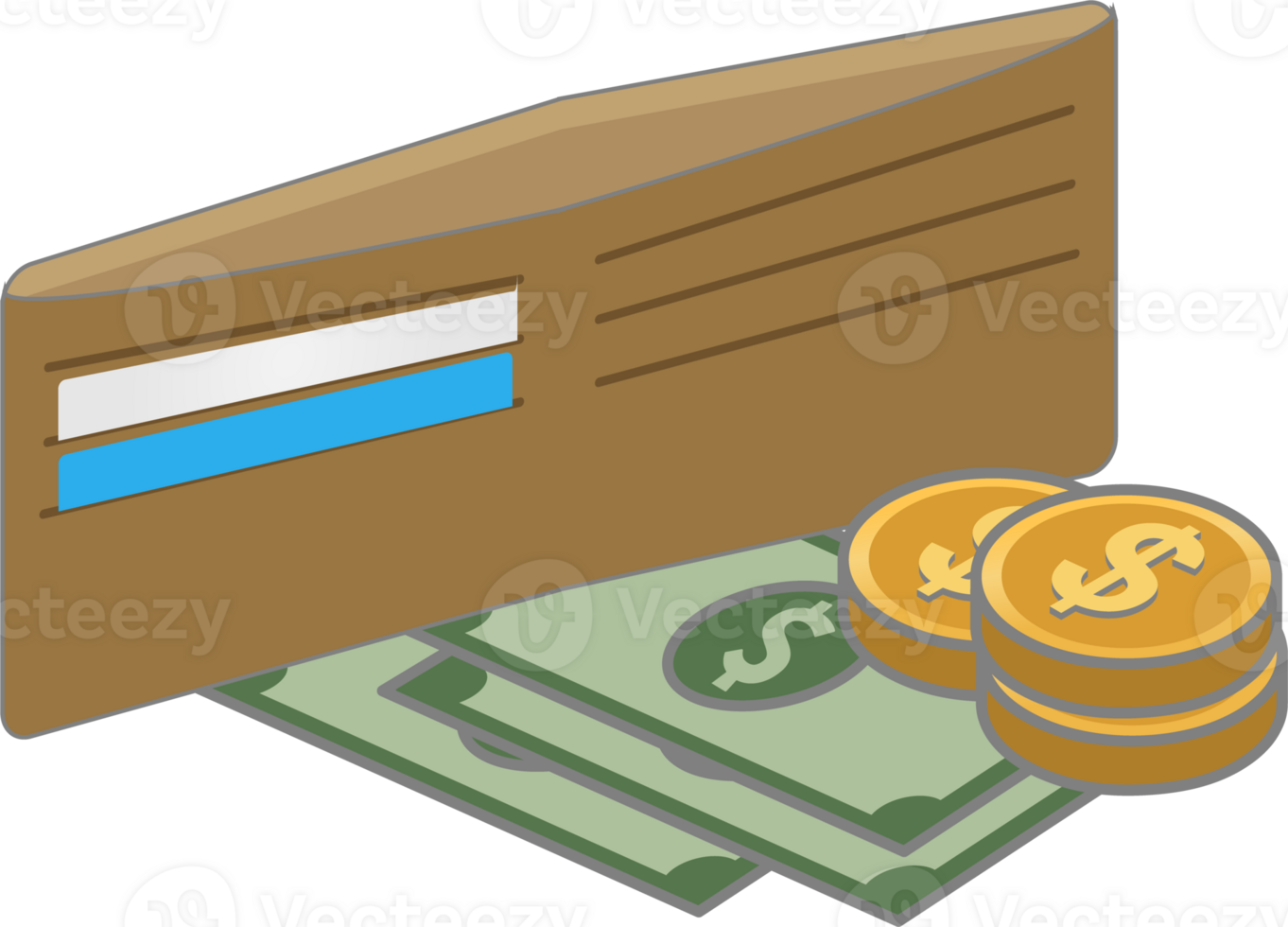 Illustration of Wallet with Cash and Coins png