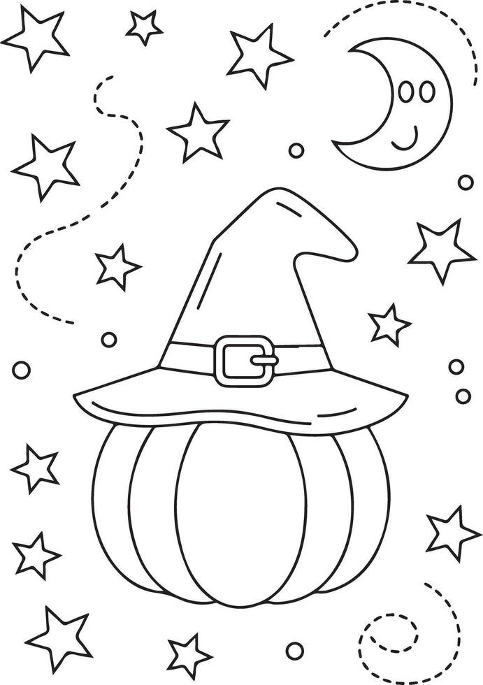 Halloween Pumpkin with Witch Hat and Stars Coloring Page Adult coloring page vector