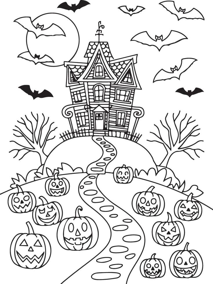 Halloween Haunted Mansion Surrounded by Pumpkins and Bats Adult coloring page vector