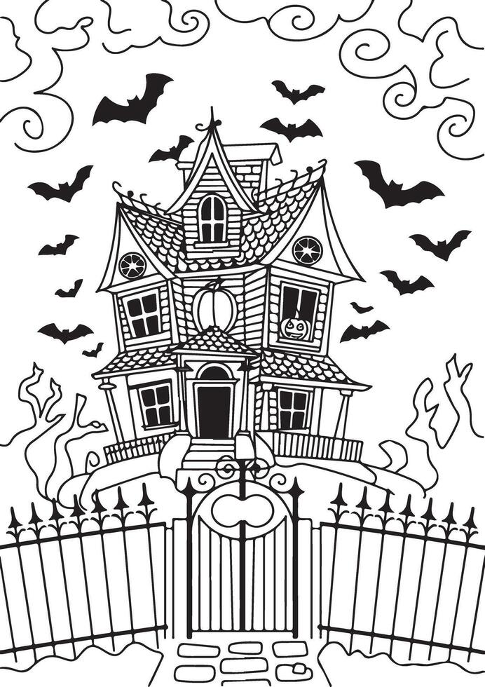 Spooky Haunted House with Bats and Gate Halloween Coloring Page Adult coloring page vector