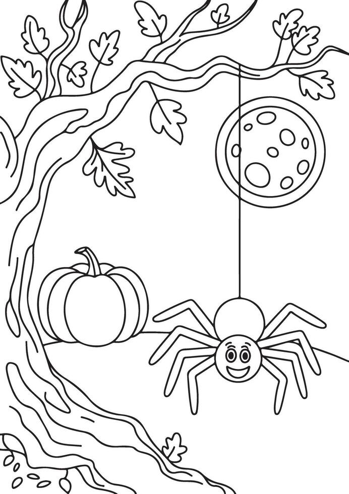 Spider Hanging from Tree with Pumpkin and Moon Halloween Illustration for Adult coloring page vector