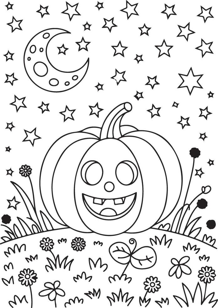 Adult coloring page Halloween pumpkin with stars and moon illustration vector