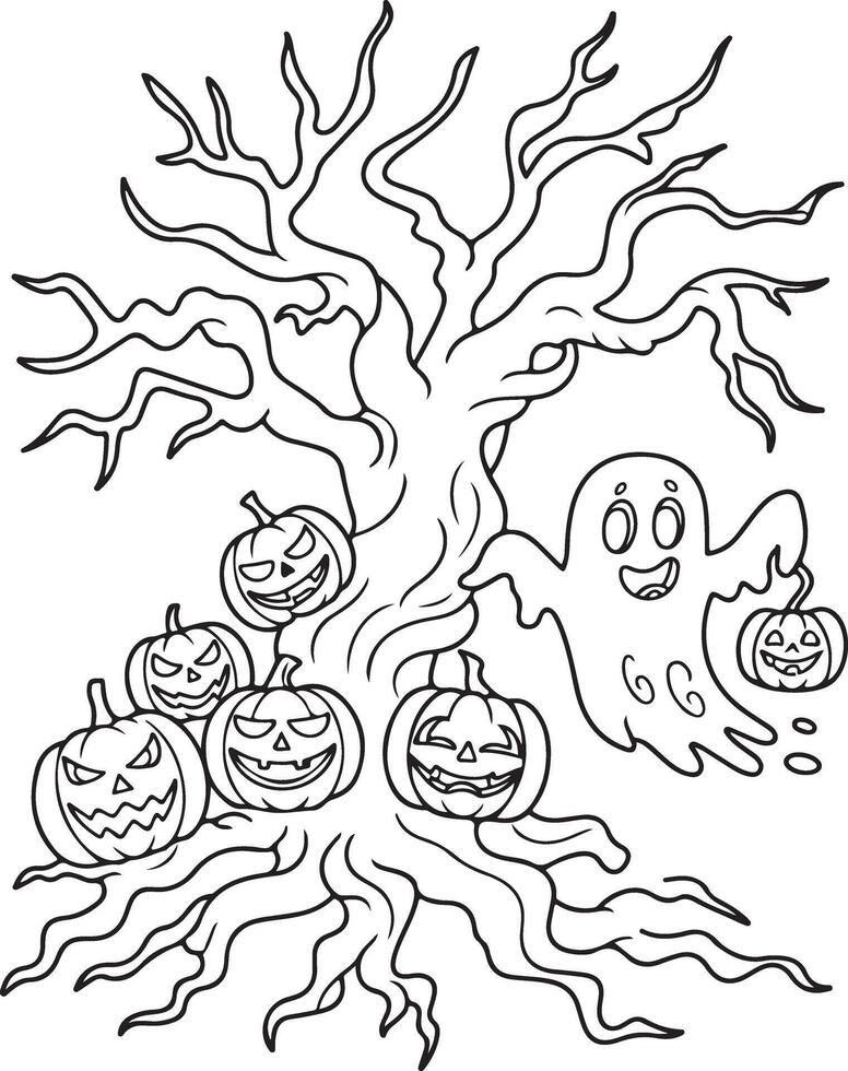 Adult coloring page Haunted tree with spooky pumpkins and ghost vector