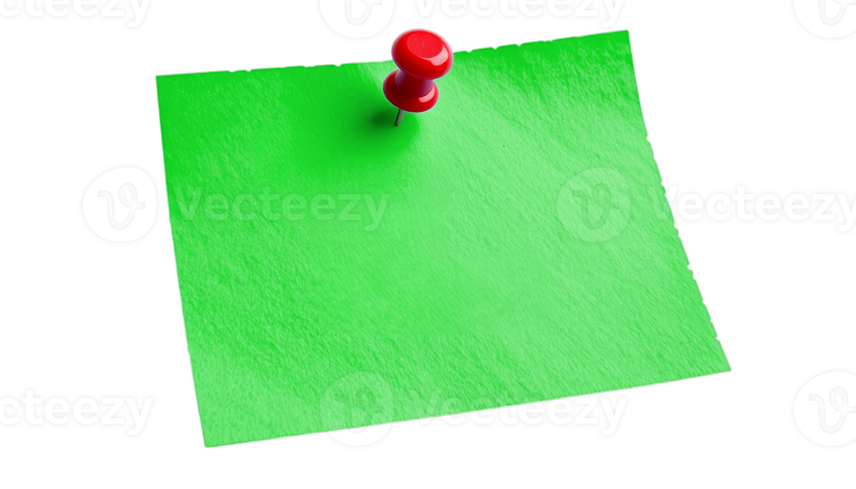 A vibrant green sticky note secured with a red pushpin, suitable for office supplies, memos, reminders, note-taking visuals, organizational content, or branding on transparent background. png