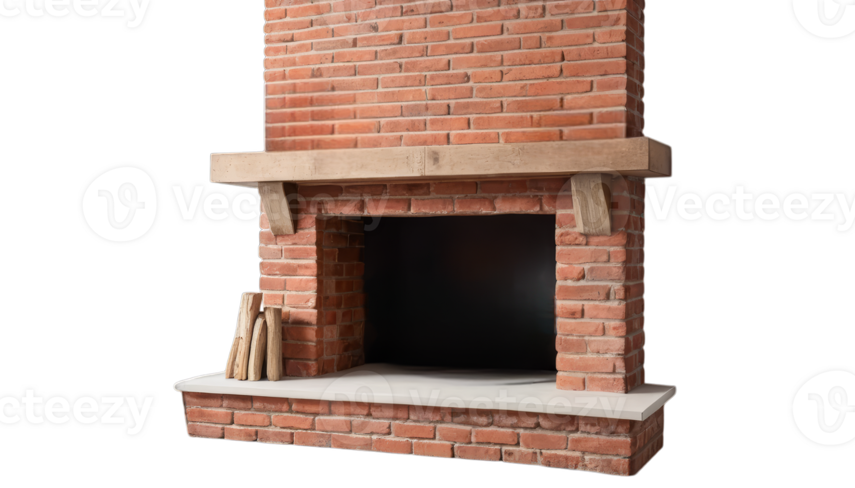 A classic brick fireplace with chimney and wooden mantel, suitable for interior design, home renovation, real estate, or cozy living space presentations. png