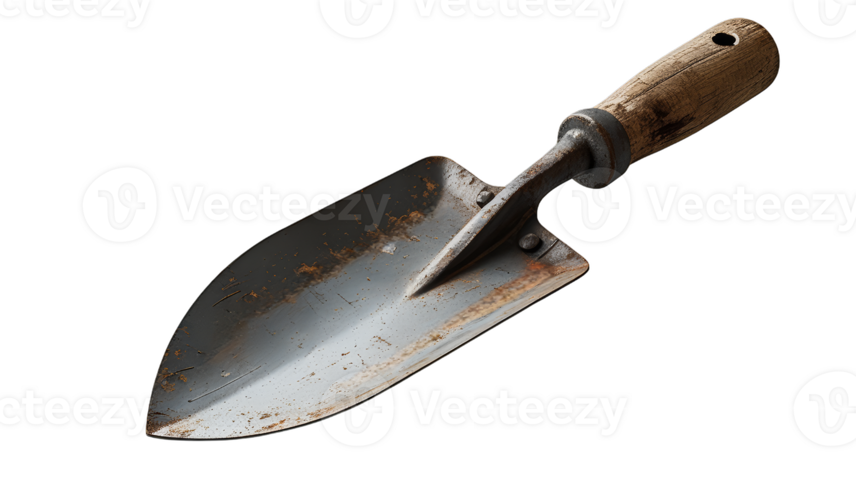 A gardening trowel with a wooden handle and metal blade, perfect for planting, digging, gardening projects, horticulture, landscaping, or outdoor work. png