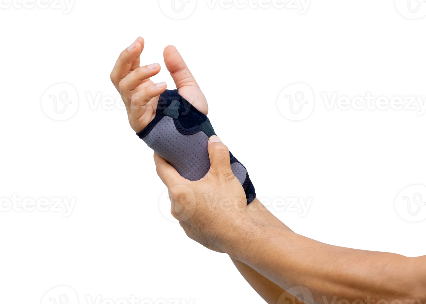 Wrist wearing a wrist support brace for injury recovery or pain relief. Orthopedic healthcare concept,Wrist inflammation, physiotherapy, rehabilitation treatment. isolated on transparent background. png