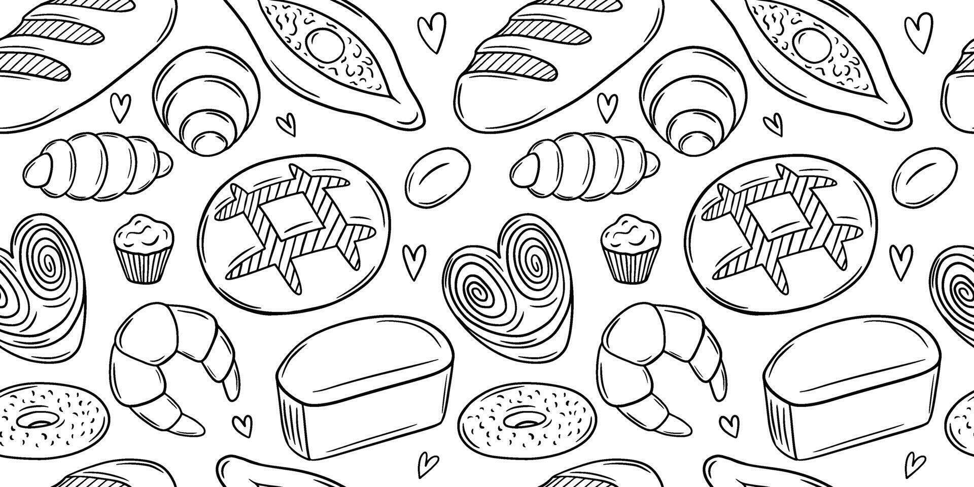 Bread kinds seamless pattern in sketch style. Hand drawn bakery products sketch pattern on white background vector