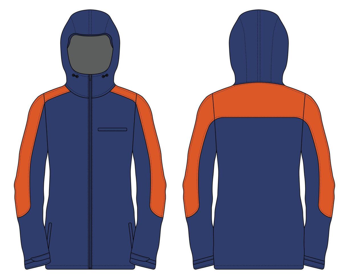 Blue and orange outdoor jacket mockup front and back view vector