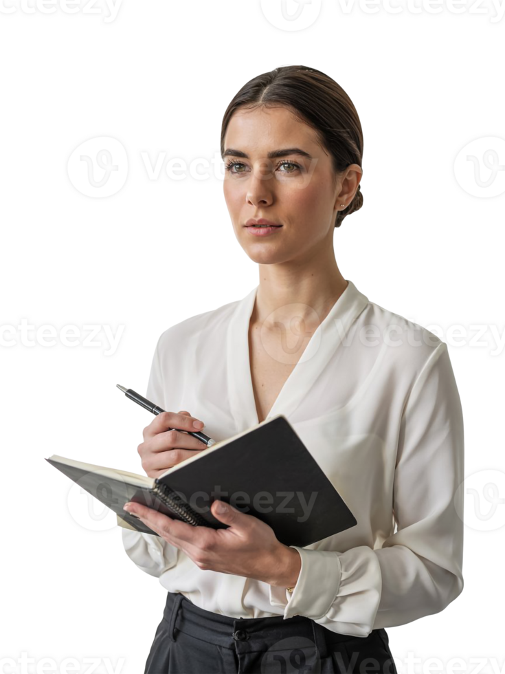 businesswoman in a crisp white blouse and tailored dark grey pants, holding a sleek black notebook and silver pen png