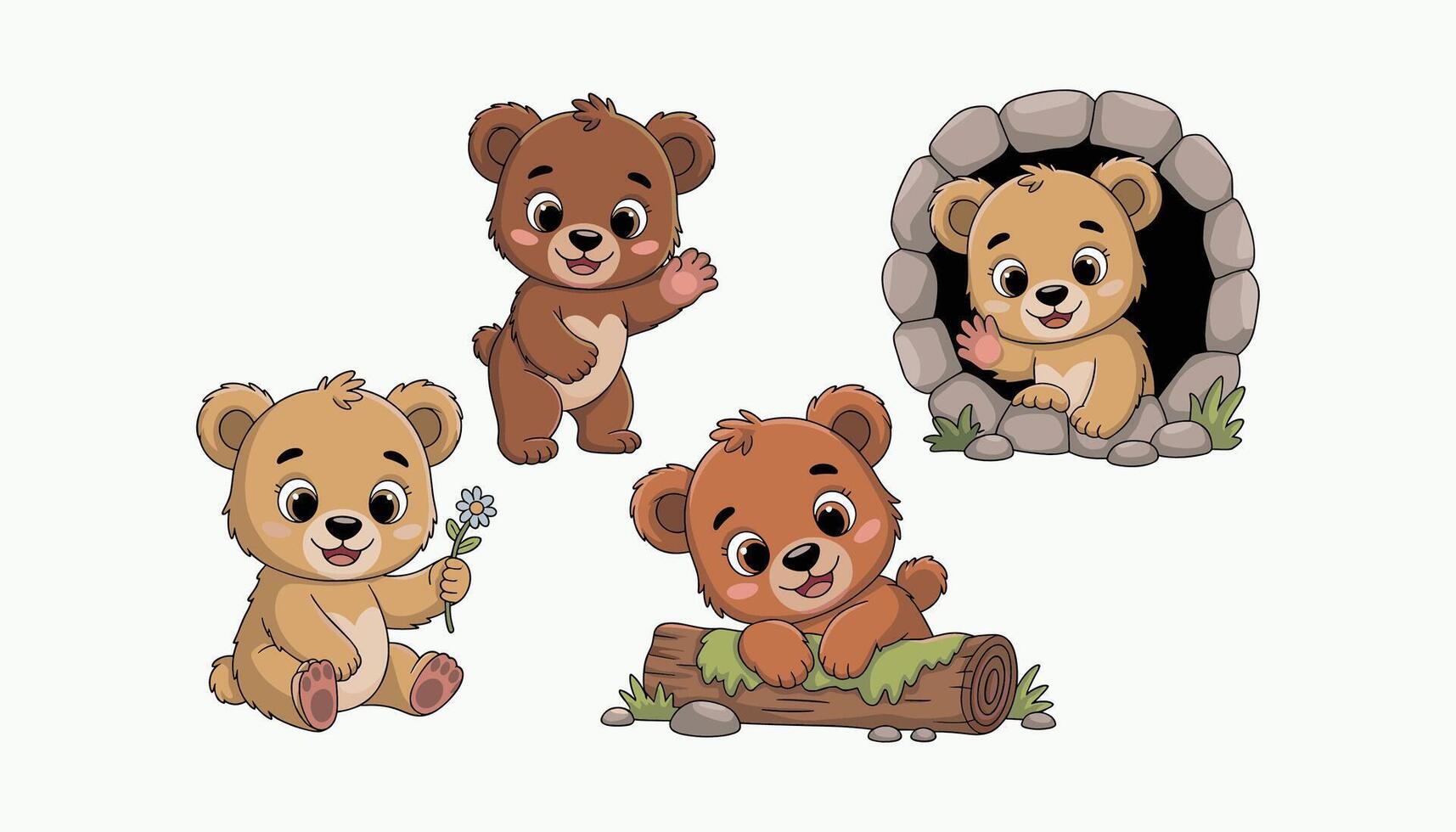 bear cartoon set isolated on white background. Teddy in different poses and activities vector