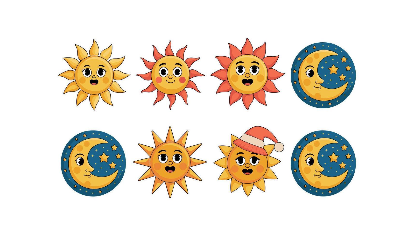 Cute Sun and Moon Faces with Expressions Cartoon Weather Icons Set vector