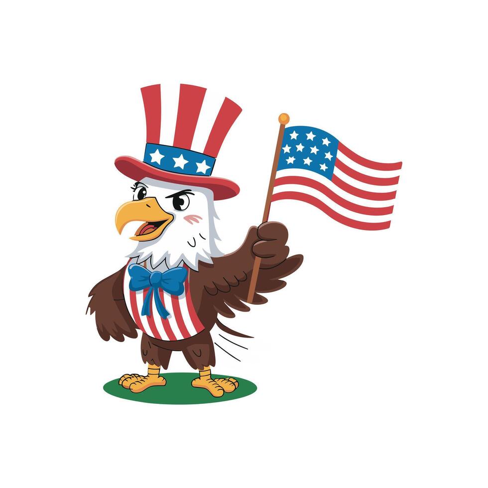 Patriotic Cartoon Bald Eagle with American Flag and Uncle Sam Outfit vector